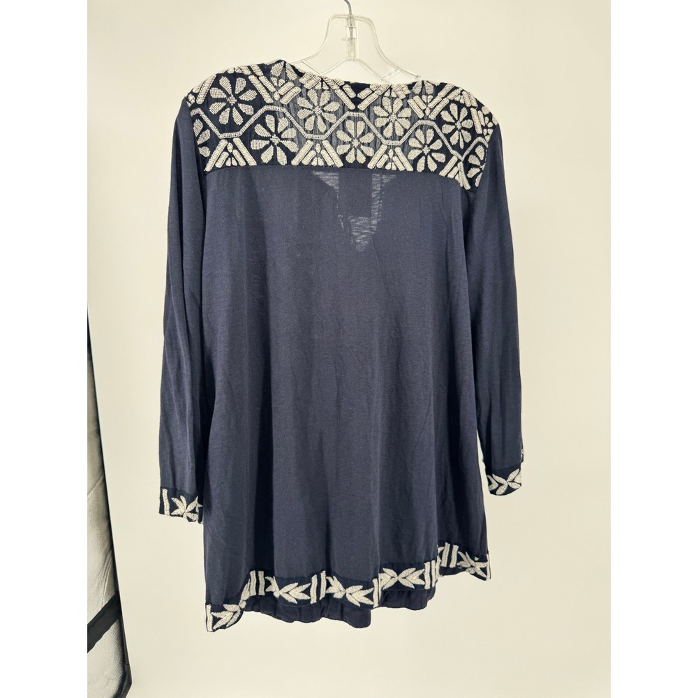 NWT Lucky Brand Embroidered Peasant Top Women L Navy Blue L/S Boho Blouse - Picture 7 of 16